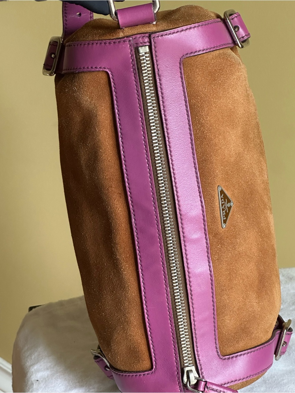 Prada Brown Suede Pink Leather Barrel Bag - Picture 13 of 17